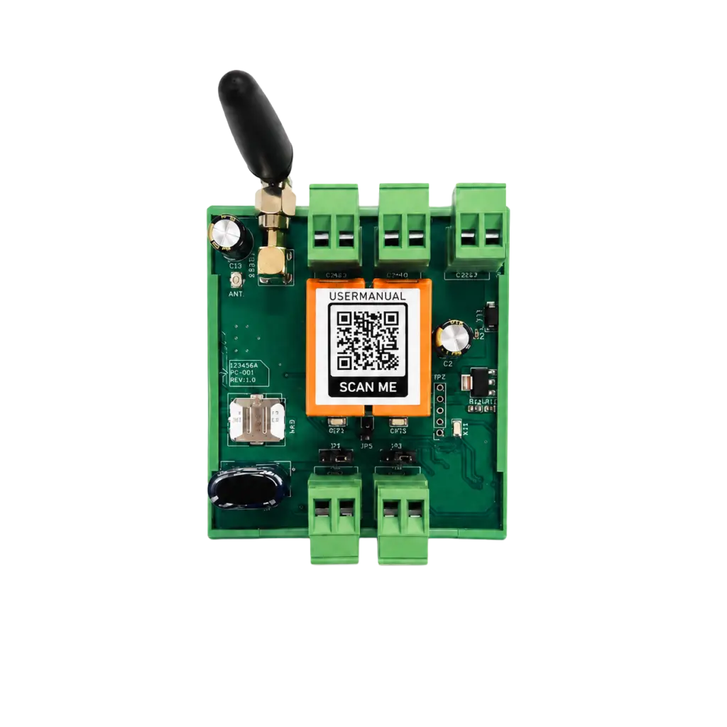 Green control PCB with multiple green terminal blocks and a QR code label reading 'USER MANUAL SCAN ME'.