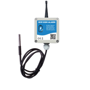 GSM alarm device with antenna and a long cable sensor probe, labelled 1019 GSM ALARM on a blue panel with QR code.