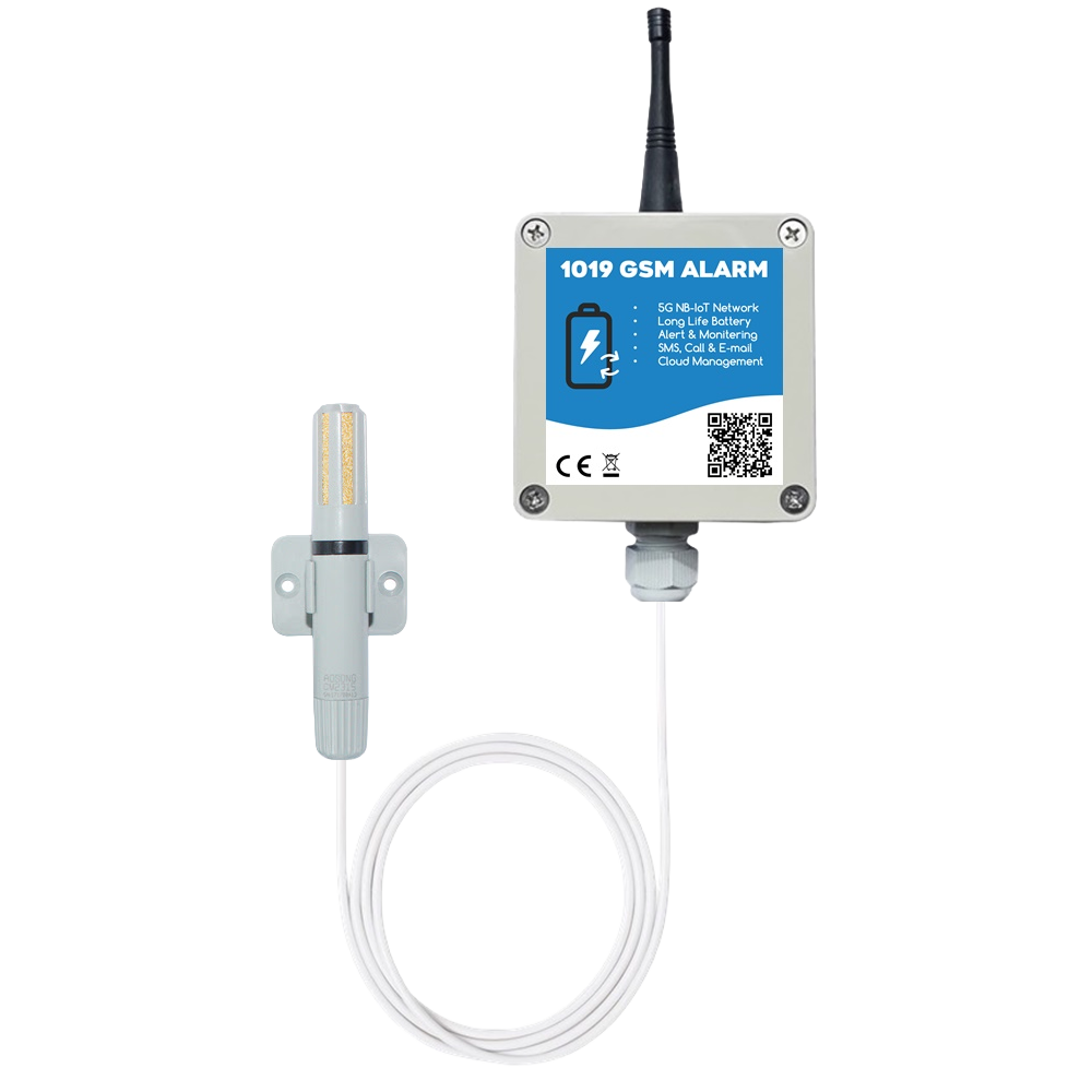 GSM alarm system module with antenna, labelled 1019 GSM ALARM, connected to a white cable and a small sensor probe on the side.