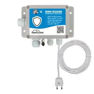 GSM Guard monitoring device with blue label, shield logo, mounted metal housing and a long white power cable.