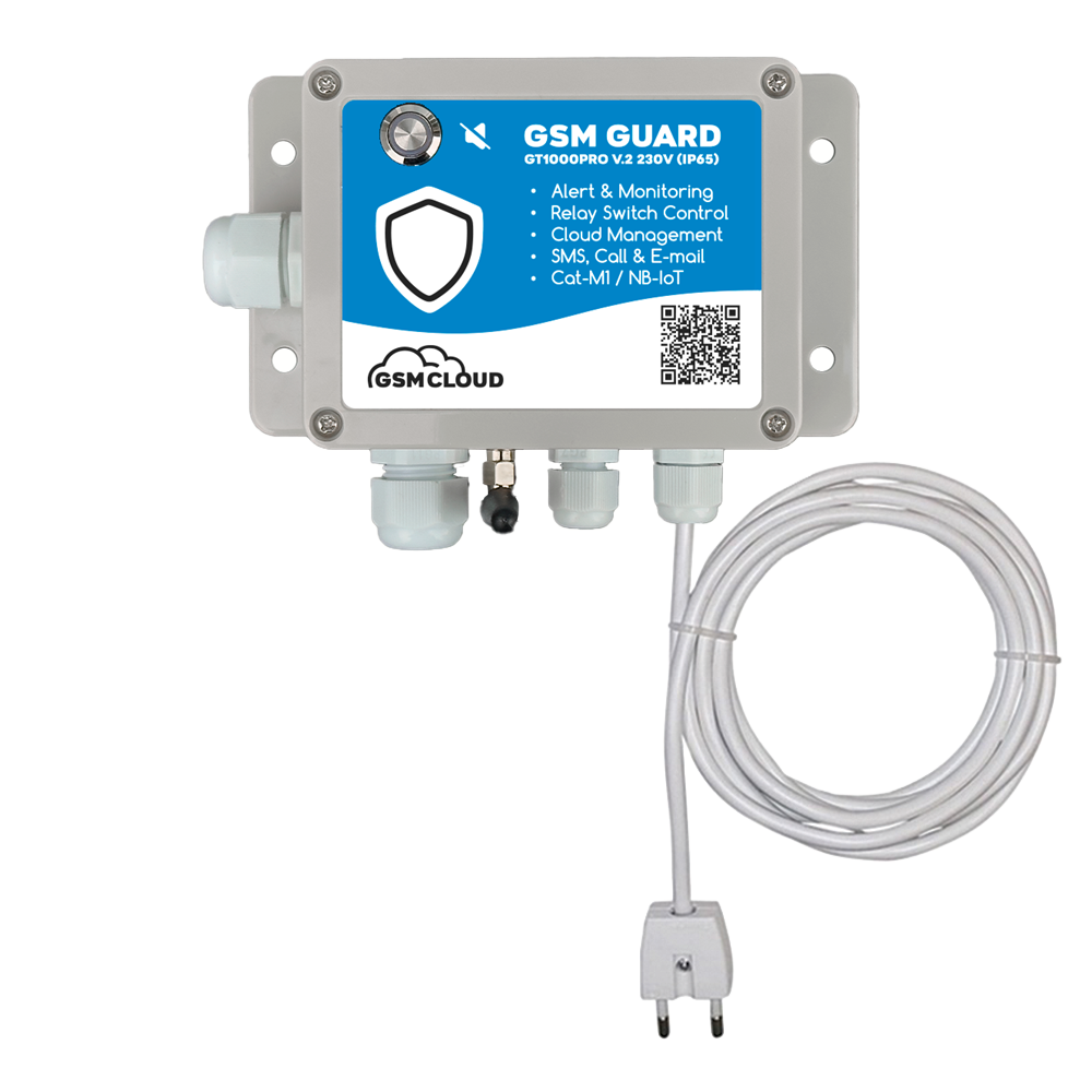 GSM Guard monitoring device with blue label, shield logo, mounted metal housing and a long white power cable.