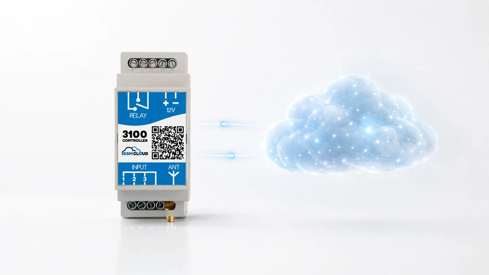 Relay controller module labeled '3100 Controller' connected to a glowing cloud network, illustrating IoT connectivity.