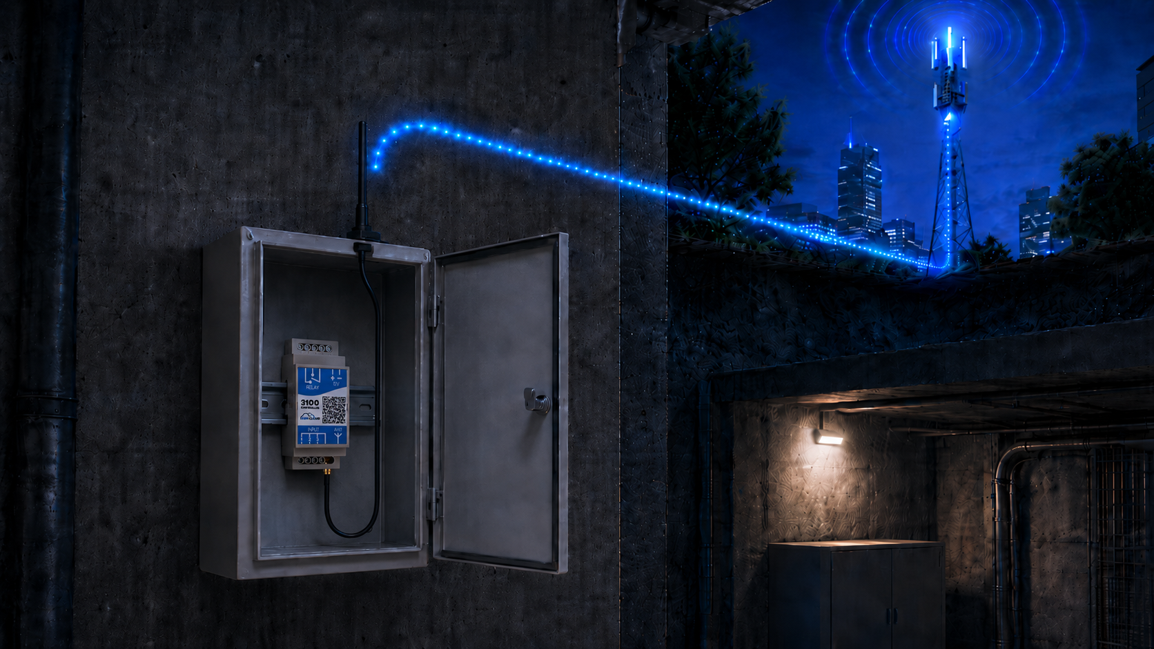 An open electrical panel fixed into a concrete wall, with a blue LED wire leading out towards a futuristic city skyline under the night sky.
